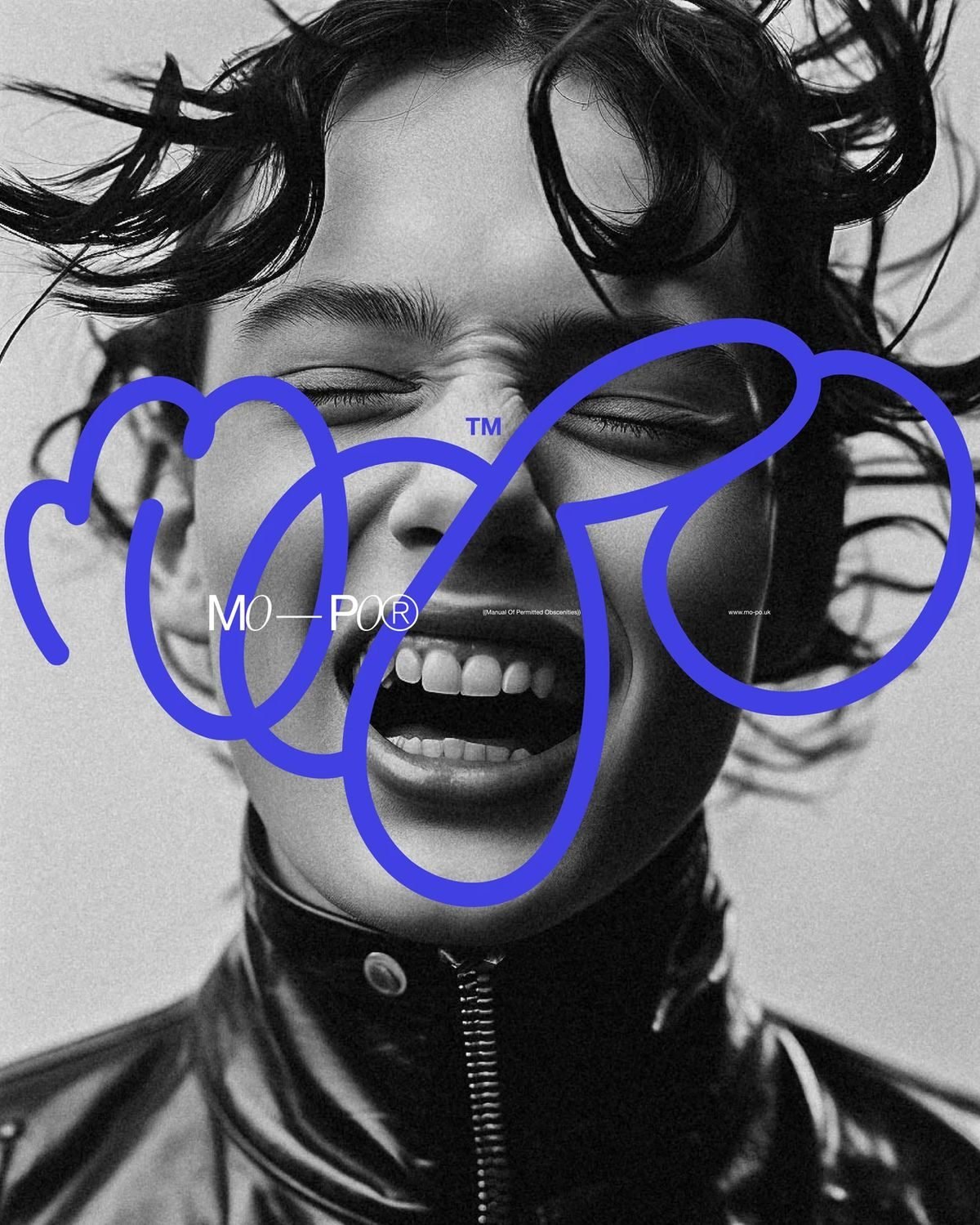 Black and white portrait with a hand-drawn electric blue scribble